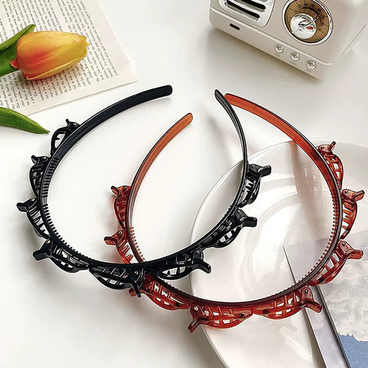 New Double Band Headbands for Women Hairstyle Fashion Non-Slip Hair Bands with Clips Bezel Hair Hoop Hair Headwear