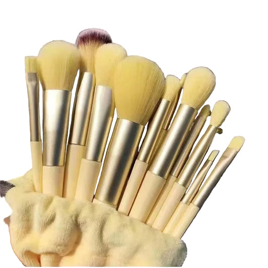 13-Piece Yellow Makeup Brush Set with Ultra Soft Bristles - Complete Professional Cosmetic Brush Kit for Foundation, Contour, Ey